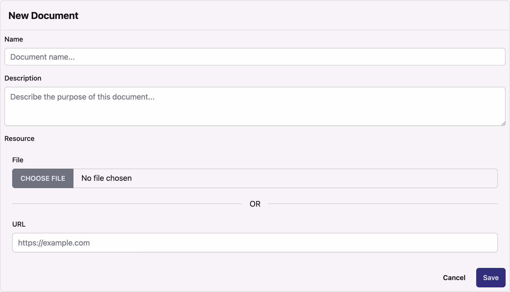 Create New Document form showing name, description, and resource upload or URL fields