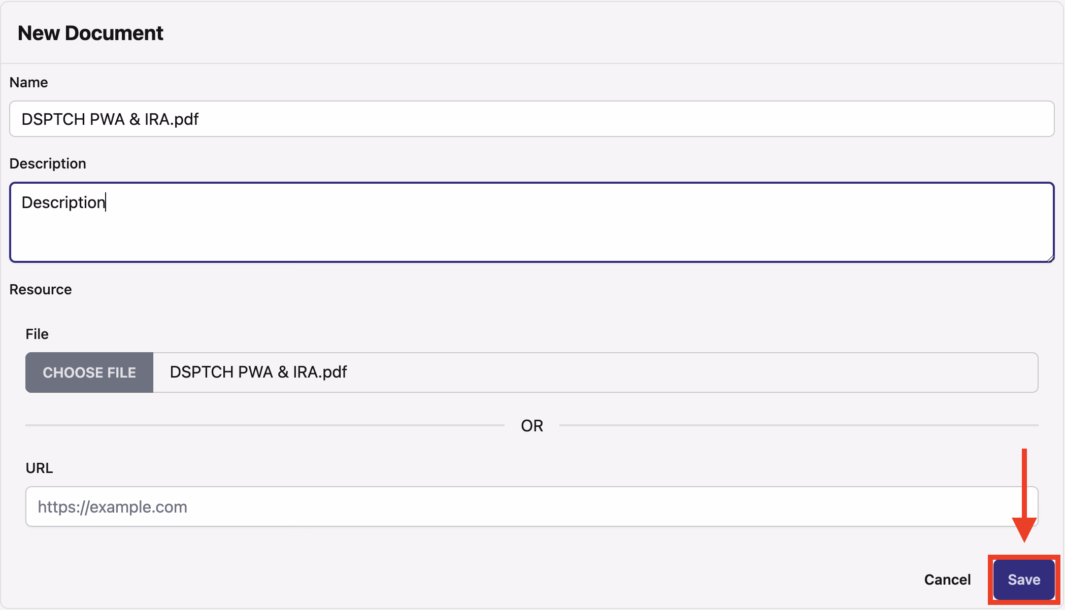 Create New Document form with the Save button highlighted at bottom right