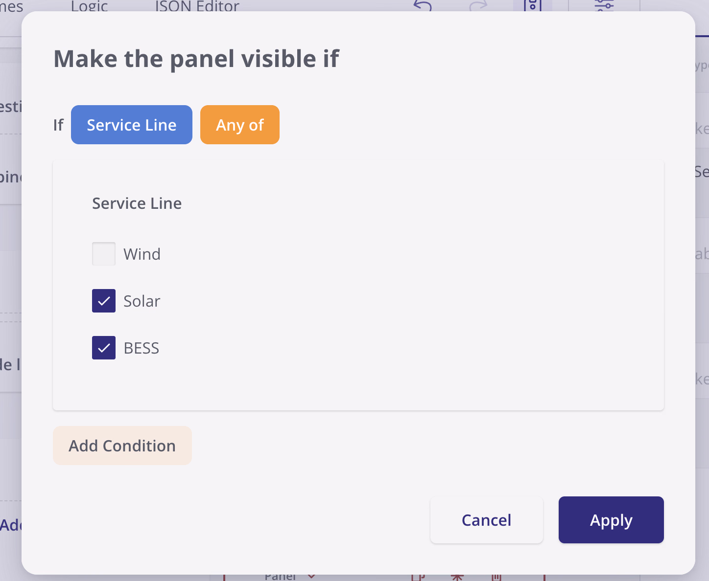 Condition dialog with the Any of operator showing Wind, Solar, and BESS checkboxes selected