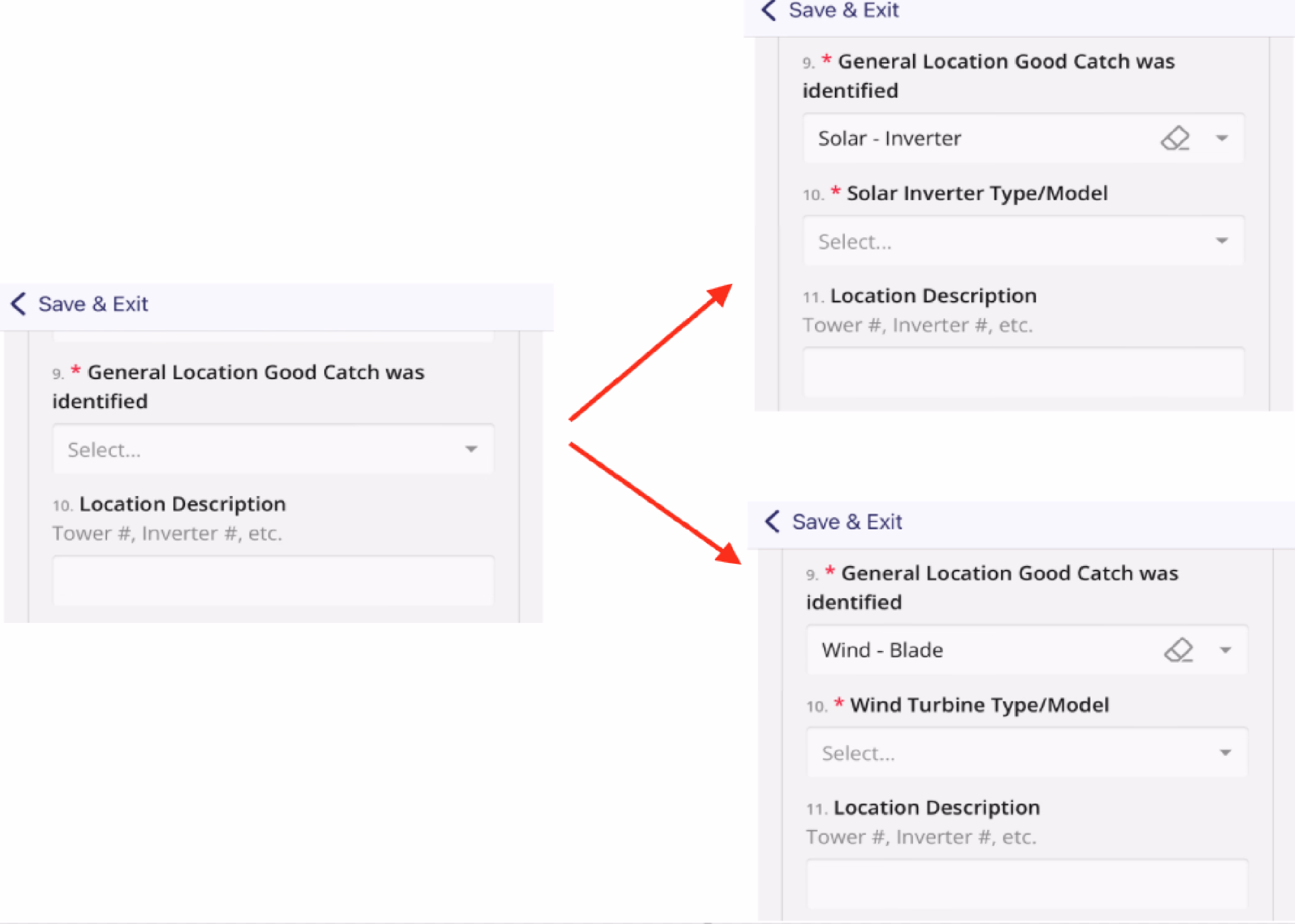 Composite screenshot showing question 9 answer changing the follow-up question 10