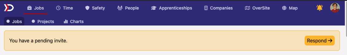Yellow pending company invite banner with Respond button at top of screen