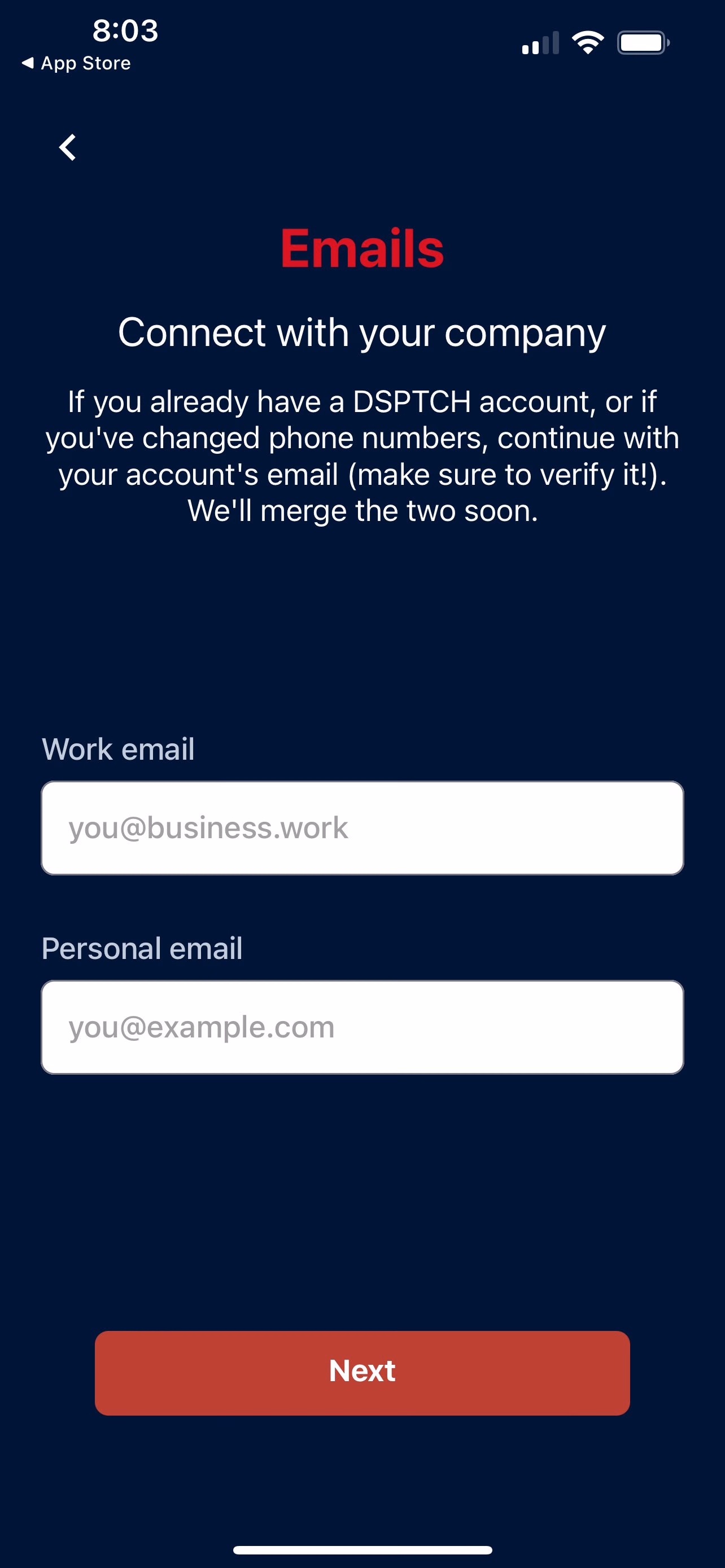 Emails screen with work email and personal email fields