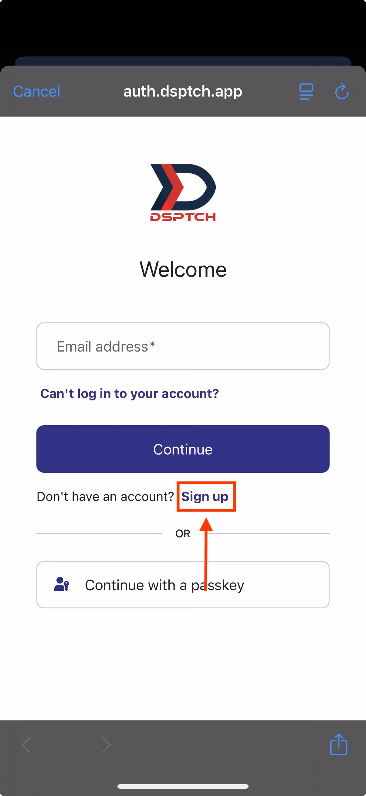 Email address entry screen with Sign up link highlighted