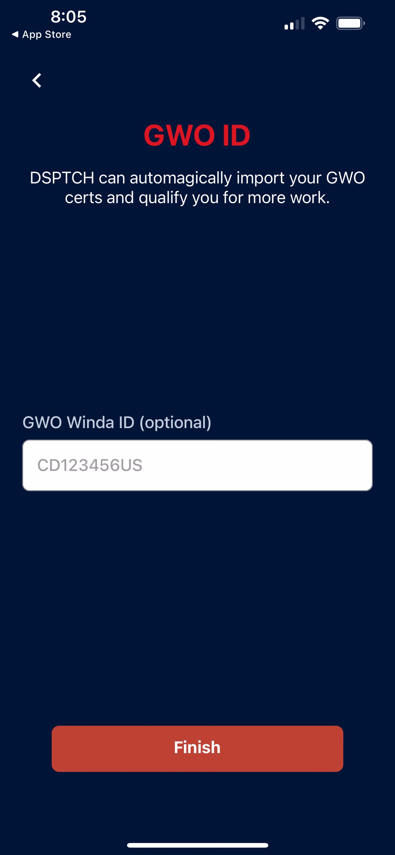 GWO ID optional entry screen with Winda ID field and Finish button