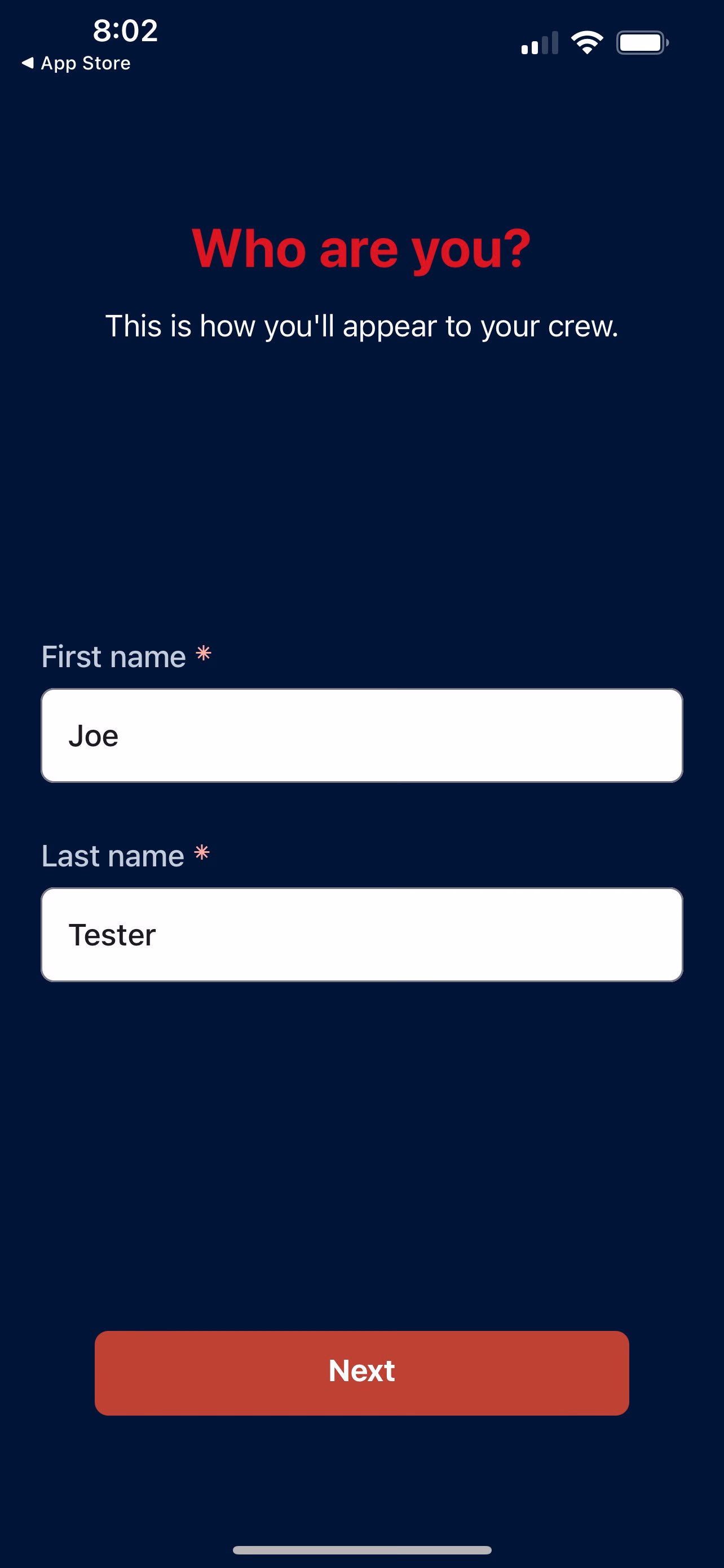 Who are you screen with first and last name fields