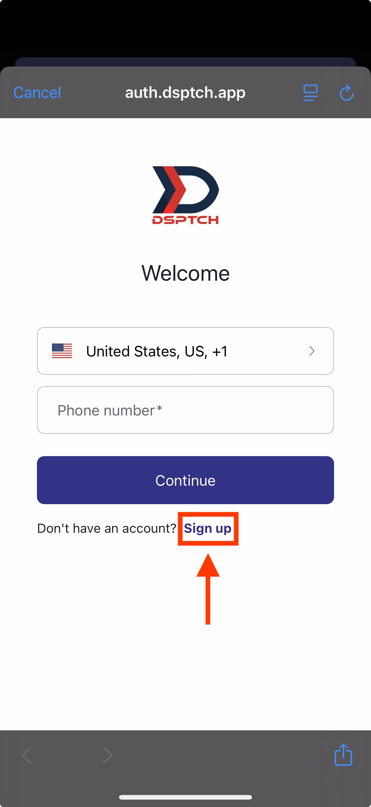 Phone number entry screen with Sign up link highlighted
