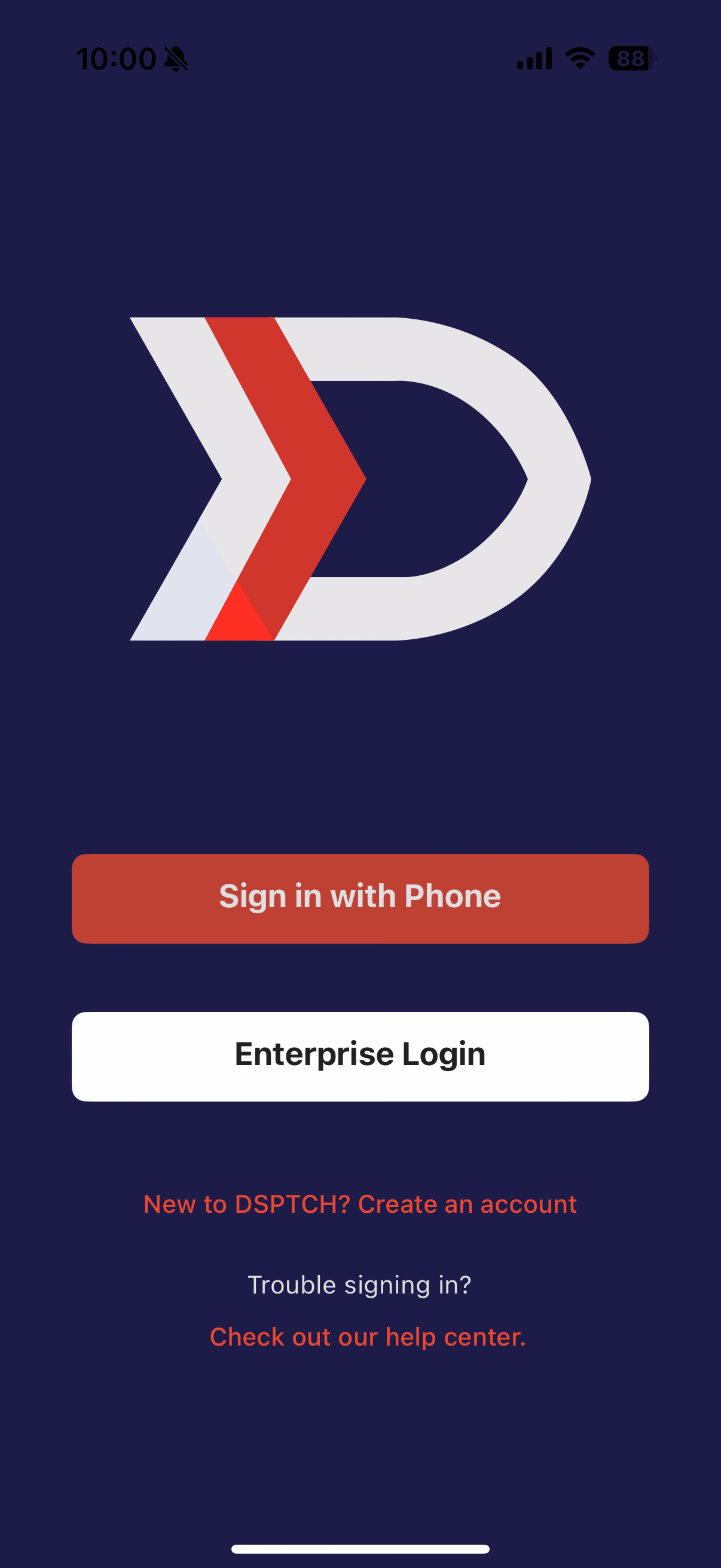 DSPTCH app welcome screen with Sign in with Phone and Enterprise Login buttons