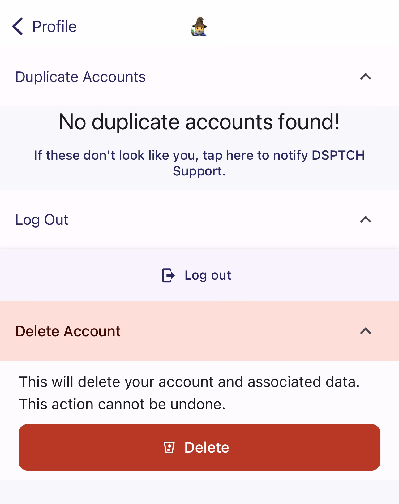 Danger Zone page with Duplicate Accounts, Log Out, and Delete Account sections