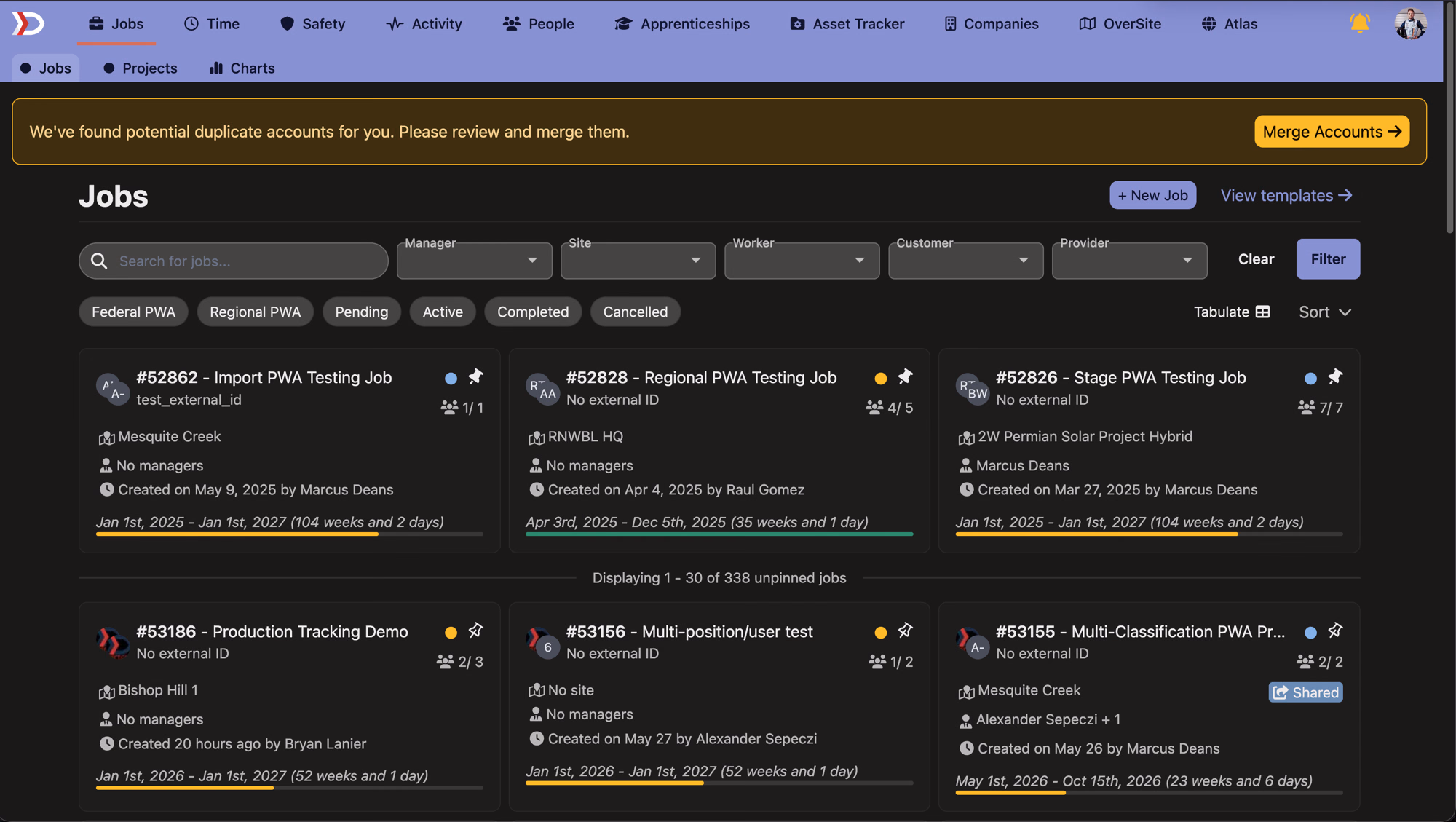 The DSPTCH Jobs page rendered in dark mode, with the navigation bar, filters, and job cards all in the dark theme