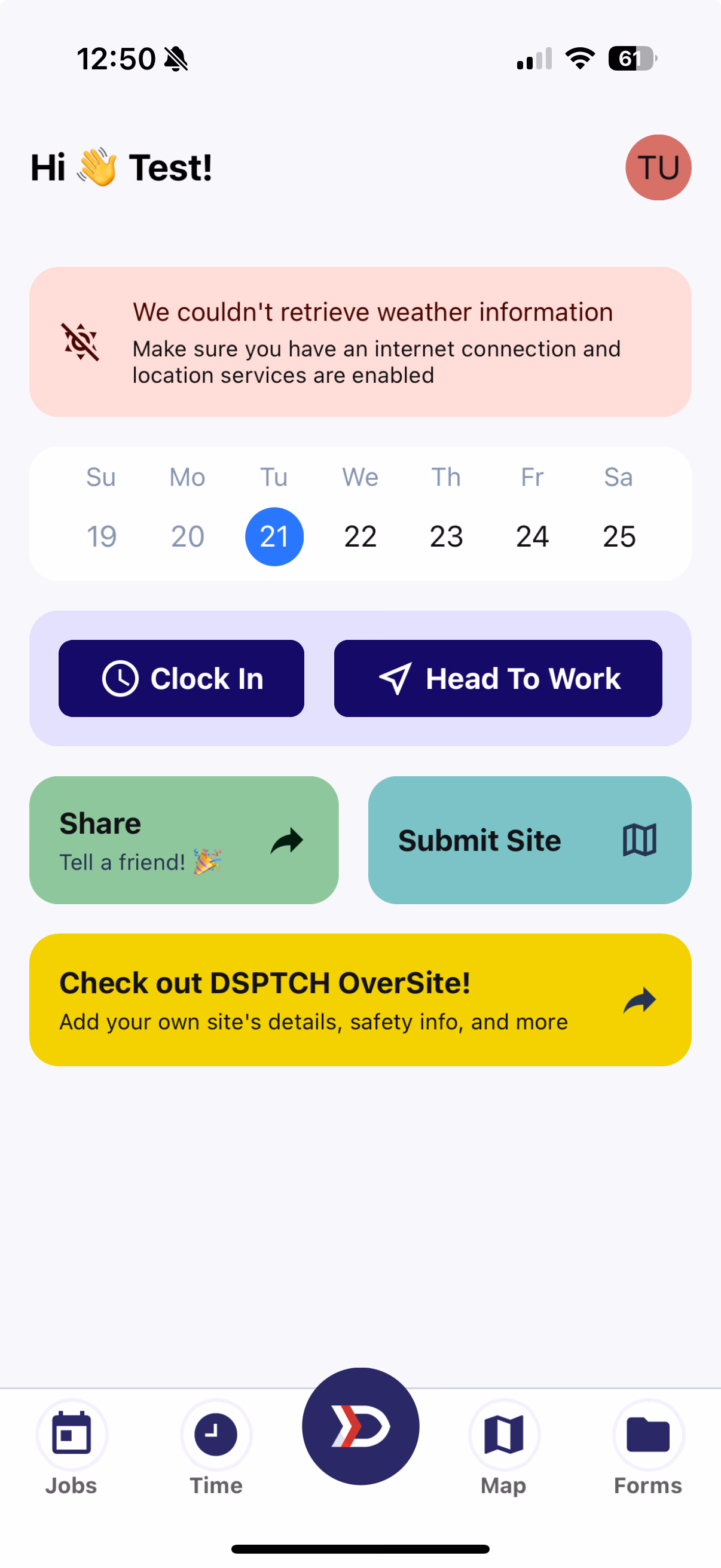 DSPTCH Mobile dashboard with welcome greeting, calendar, Clock In and Head To Work shortcuts, and bottom navigation