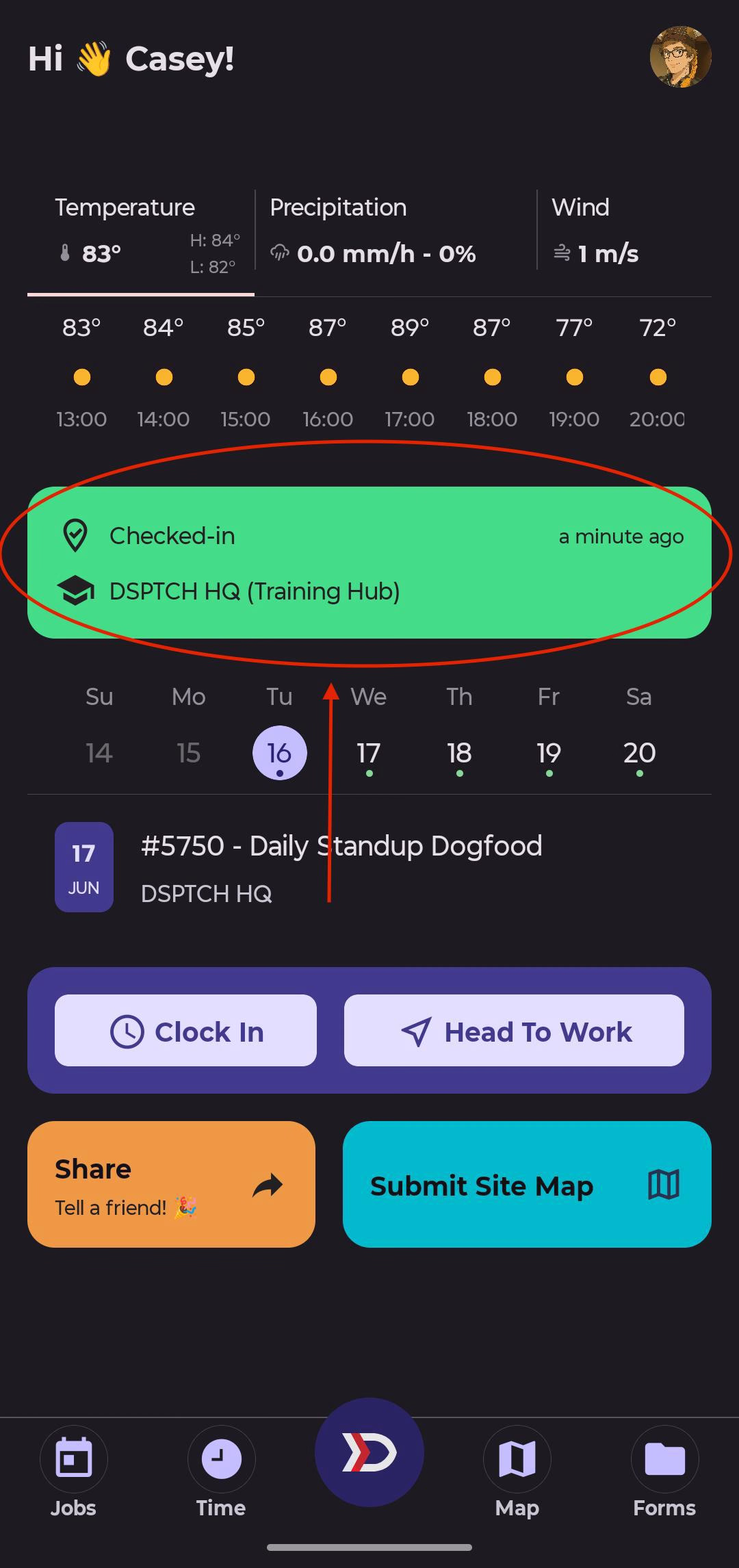 DSPTCH Mobile dashboard with the green Checked-in banner near the top