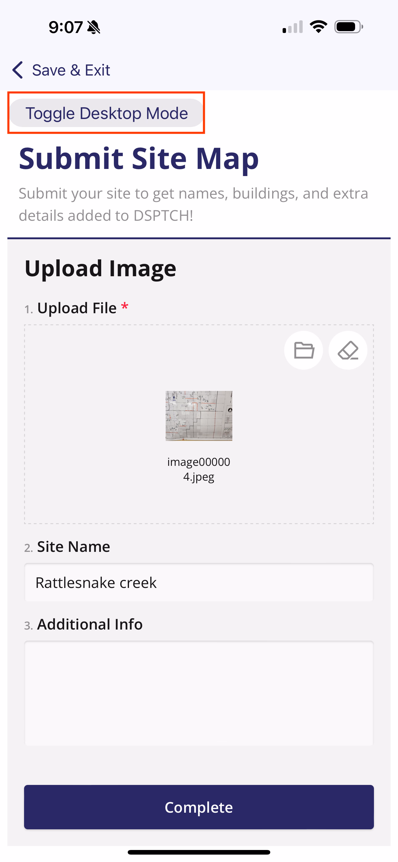 Form in default view with Toggle Desktop Mode button and uploaded image visible