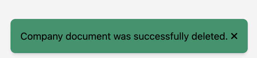 Green success toast confirming the document was successfully deleted