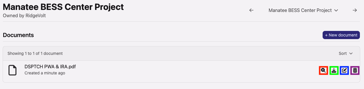 Documents tab showing an uploaded file with view, download, edit, and delete action icons