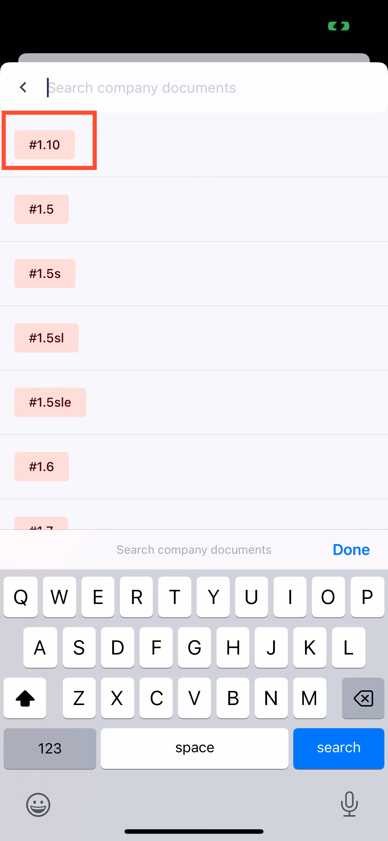 Search company documents page with tag suggestions and a tag highlighted in red