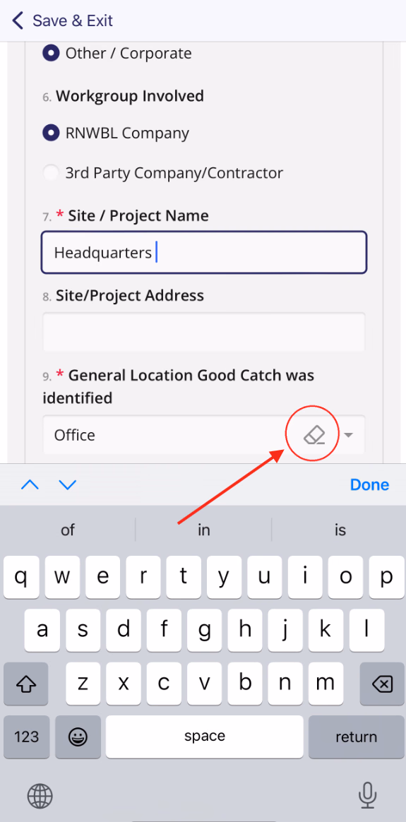Dropdown field with eraser icon highlighted to clear the selected value