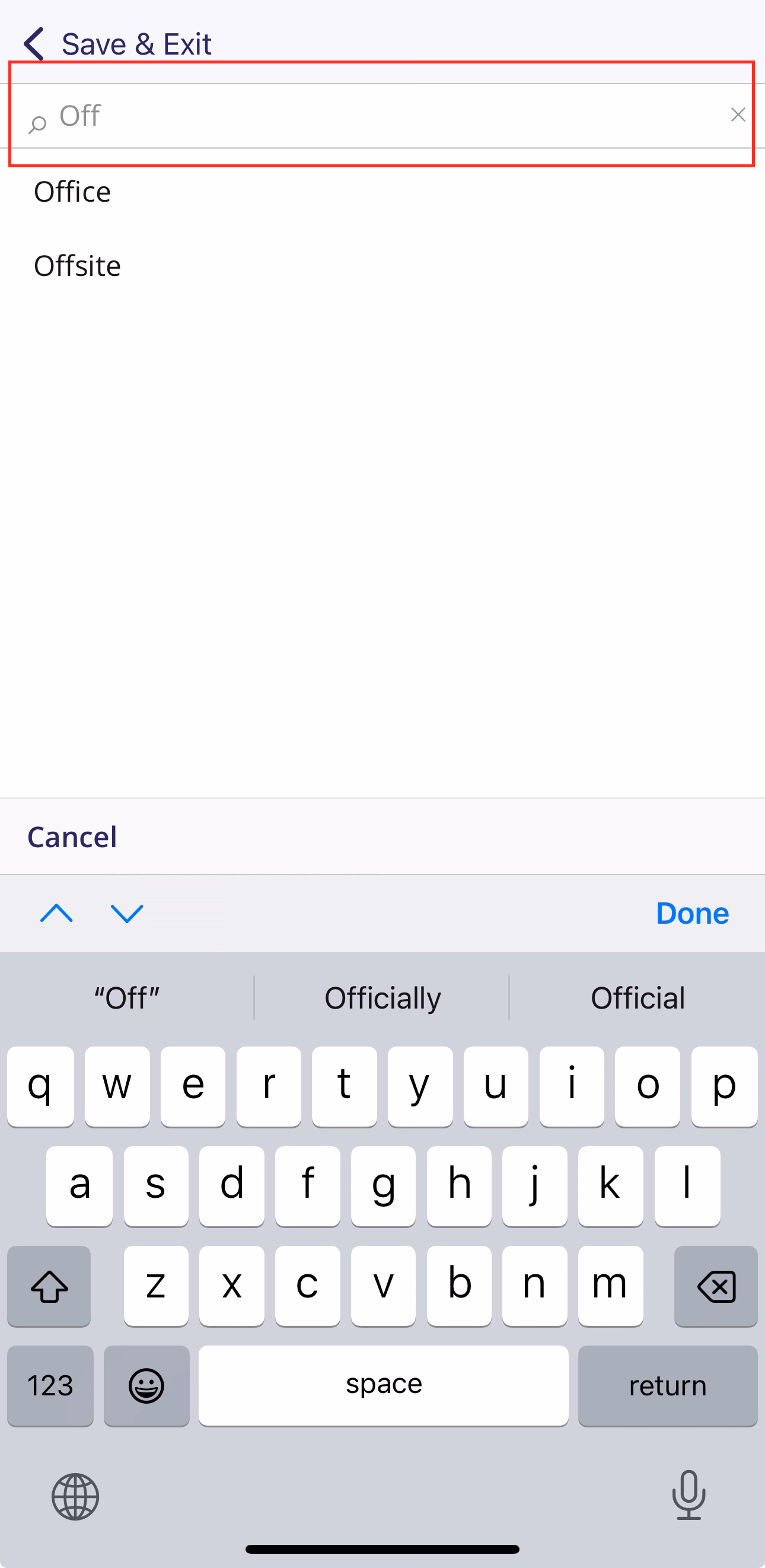Dropdown open with search bar at top filtering options by typed text