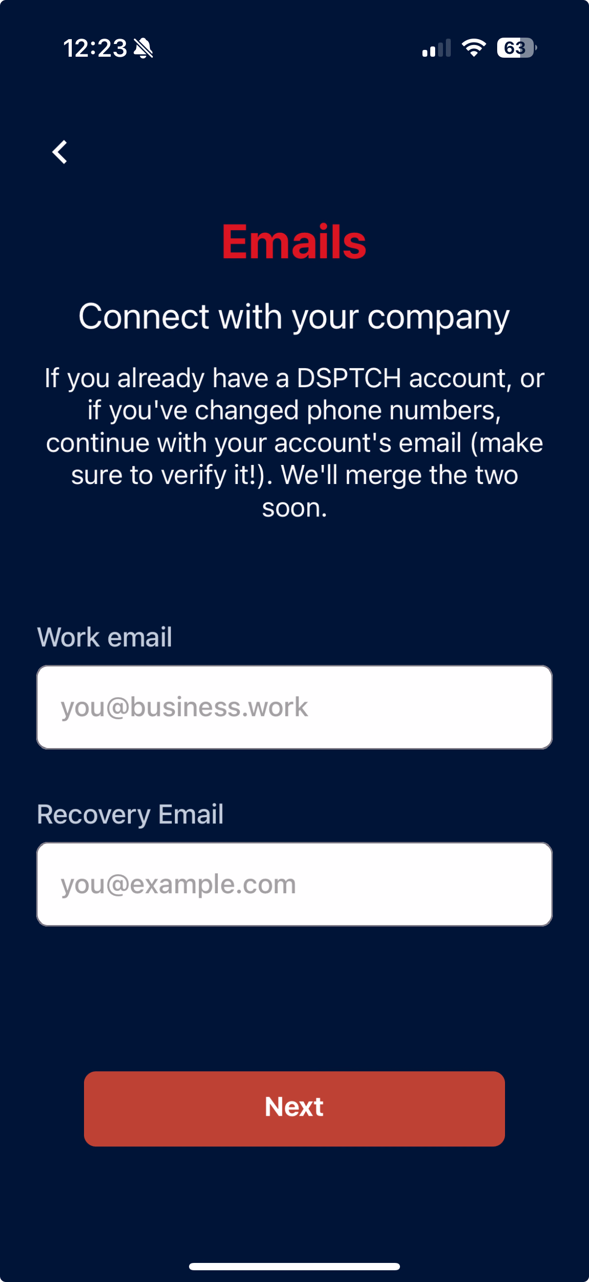 Emails page for entering Work and Recovery email addresses