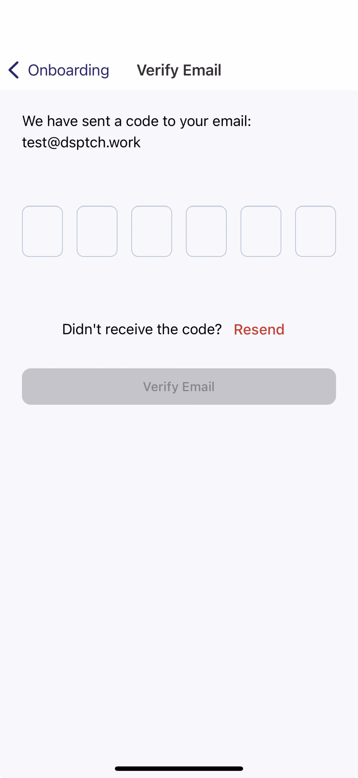 Verify Email page with one-time verification code entry sent to the work email address
