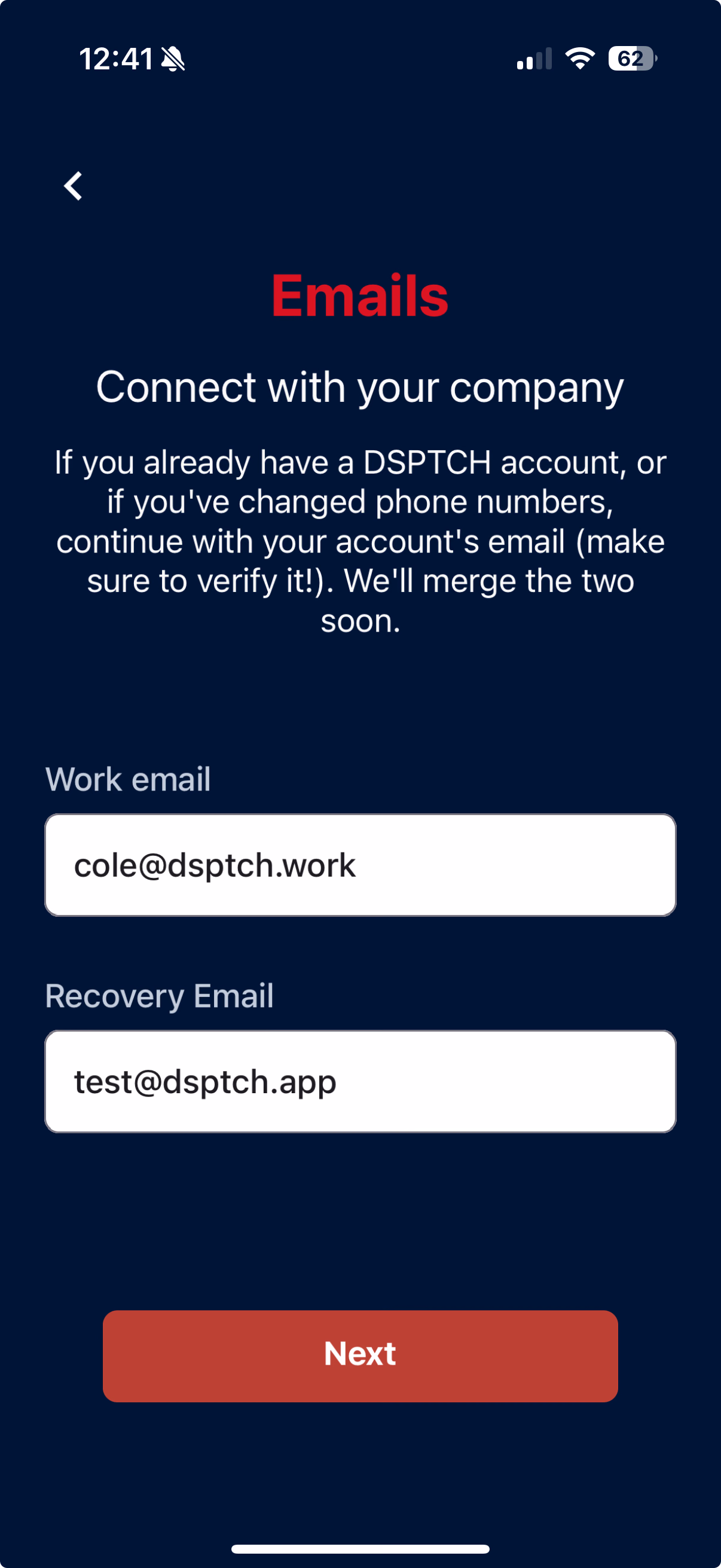 Emails page after successful work email verification with the Verify button removed