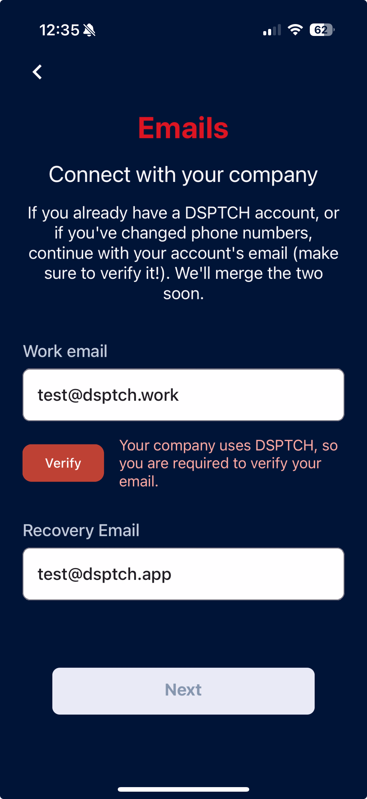 Emails page with a Verify button beside Work email and a required-verification notice