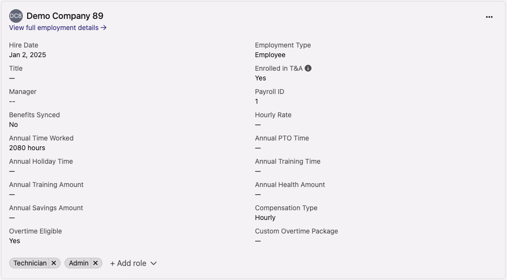 Profile Employment Details section showing the company entry after a successful invite acceptance