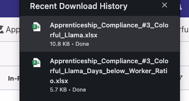 Browser download history showing two Apprenticeship Compliance files with descriptive names including the preset name