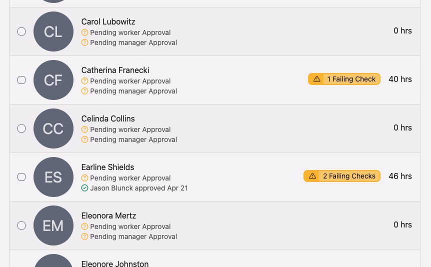Failing check count pill on pay period time cards