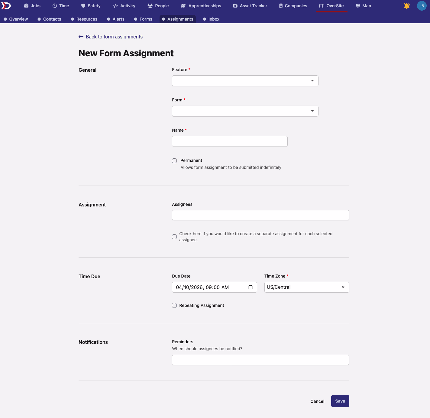 Feature form assignment creation form