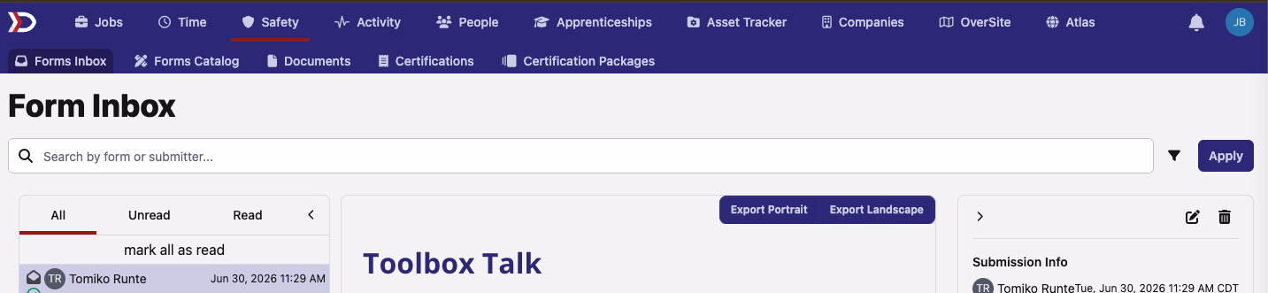 The Form Inbox filter bar with a search field for forms and submitters