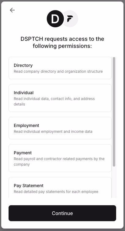 Finch permissions screen listing directory, individual, employment, payment, and pay statement data access