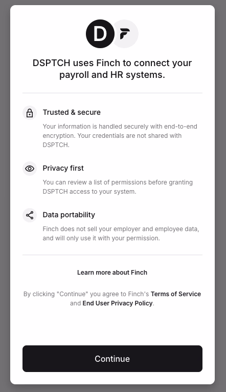 Finch integration landing page with trusted and secure description and Continue button