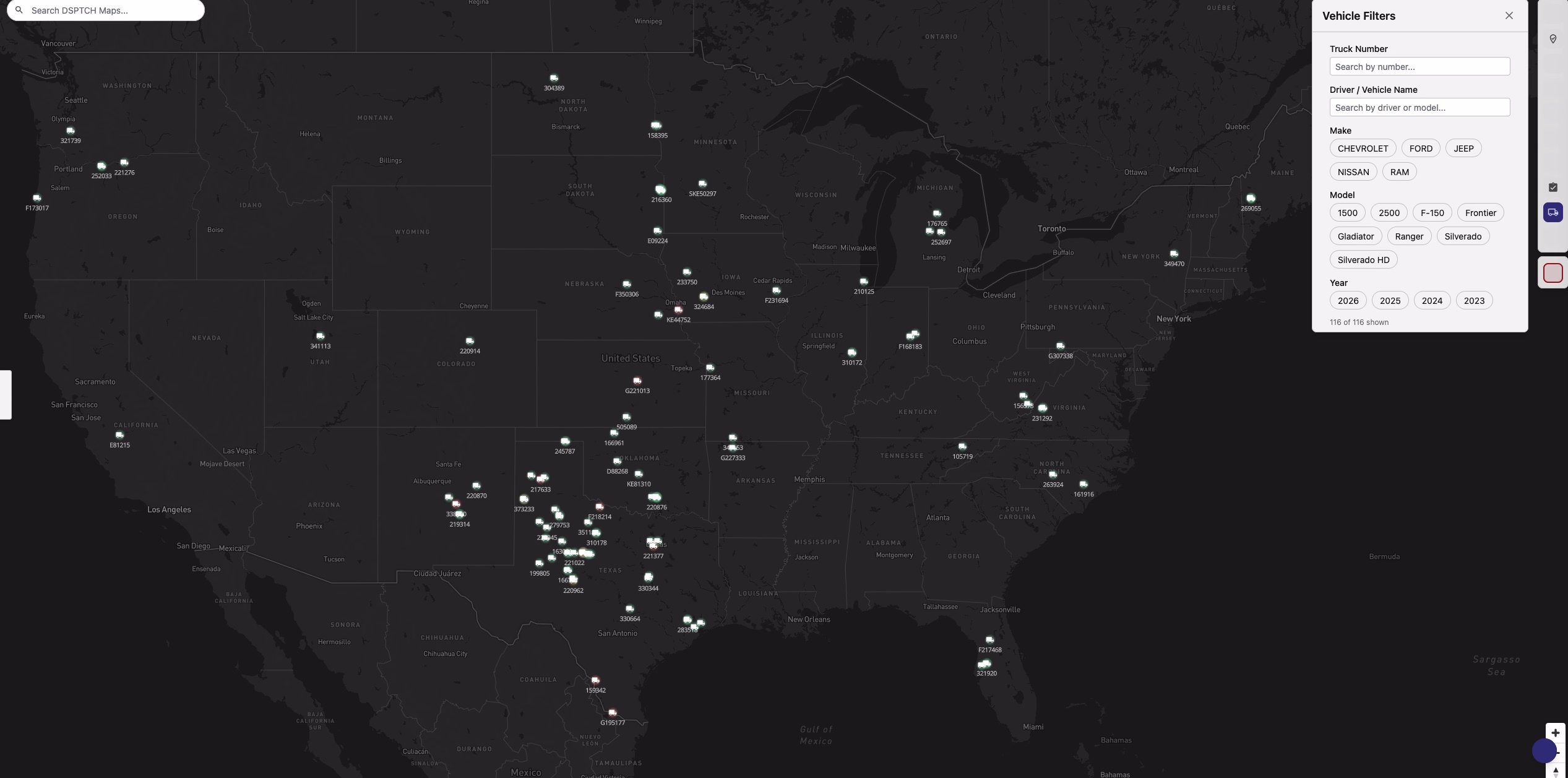 The Atlas map showing trucks across the US with a Vehicle Filters panel for make, model, year, and truck-number and driver search
