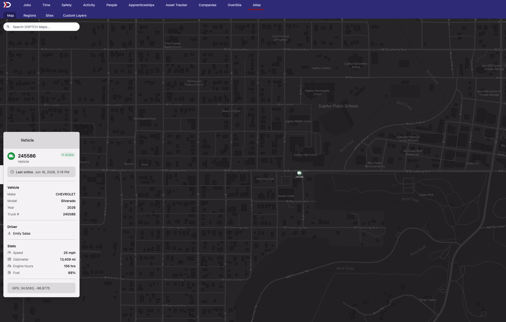 A vehicle popup on the Atlas map showing make, model, year, driver, speed, odometer, engine hours, and fuel level