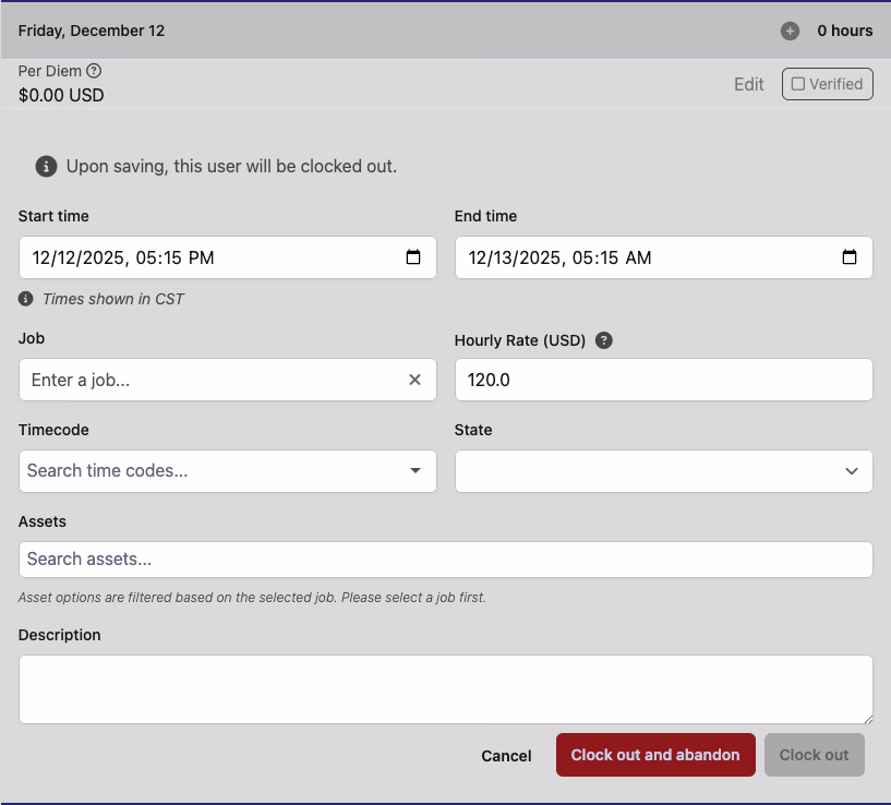 Force Clock Out form showing start time, end time, job, hourly rate, and Clock out buttons