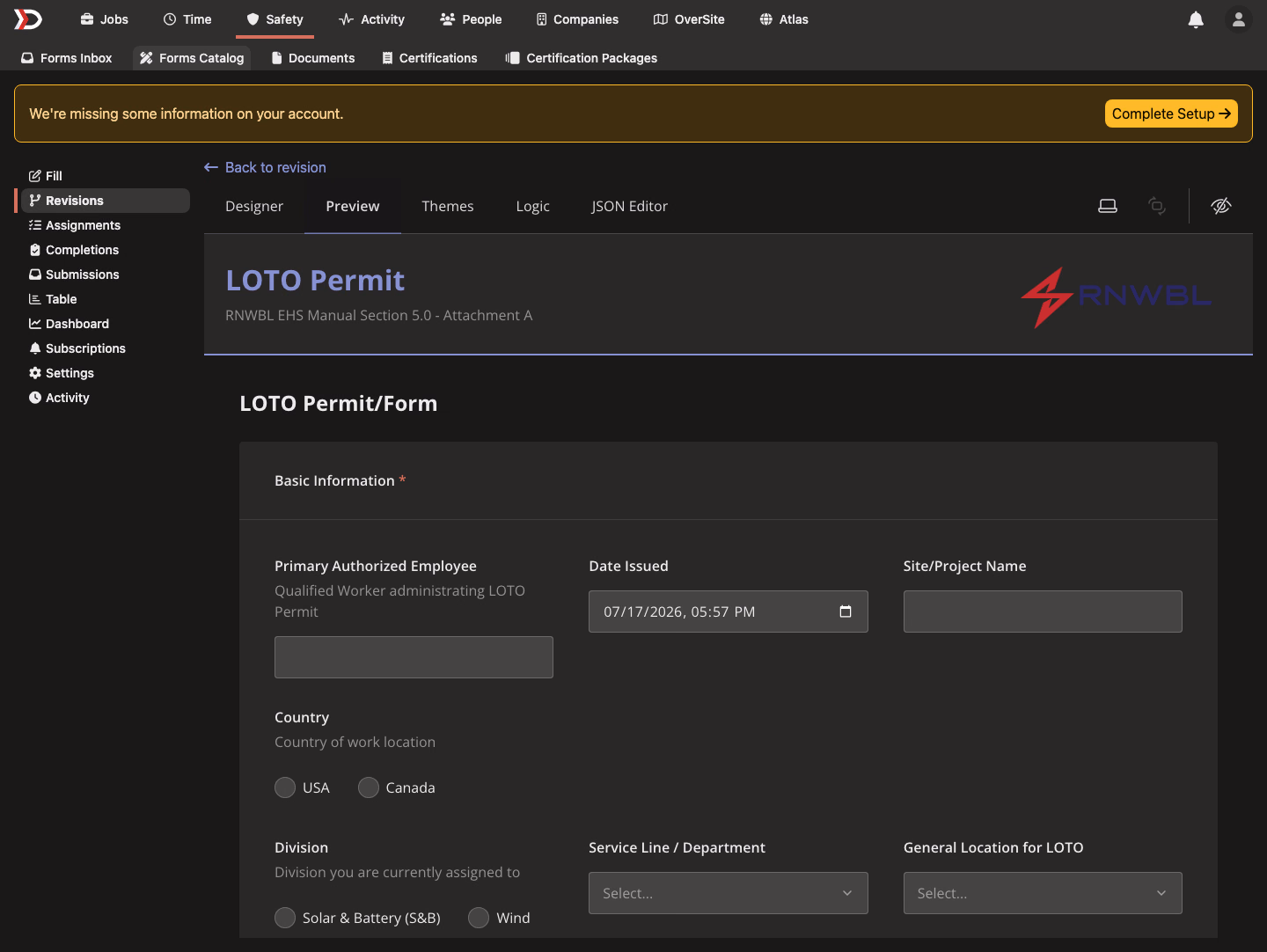 The form builder's live preview of a LOTO permit rendered in dark mode