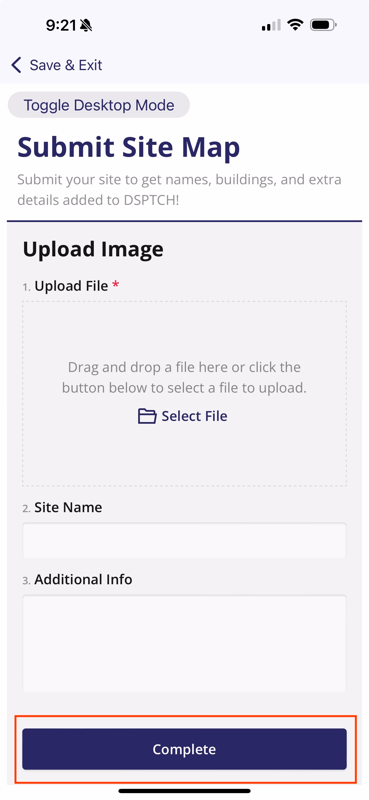 Form bottom with Complete button highlighted to save and submit the form