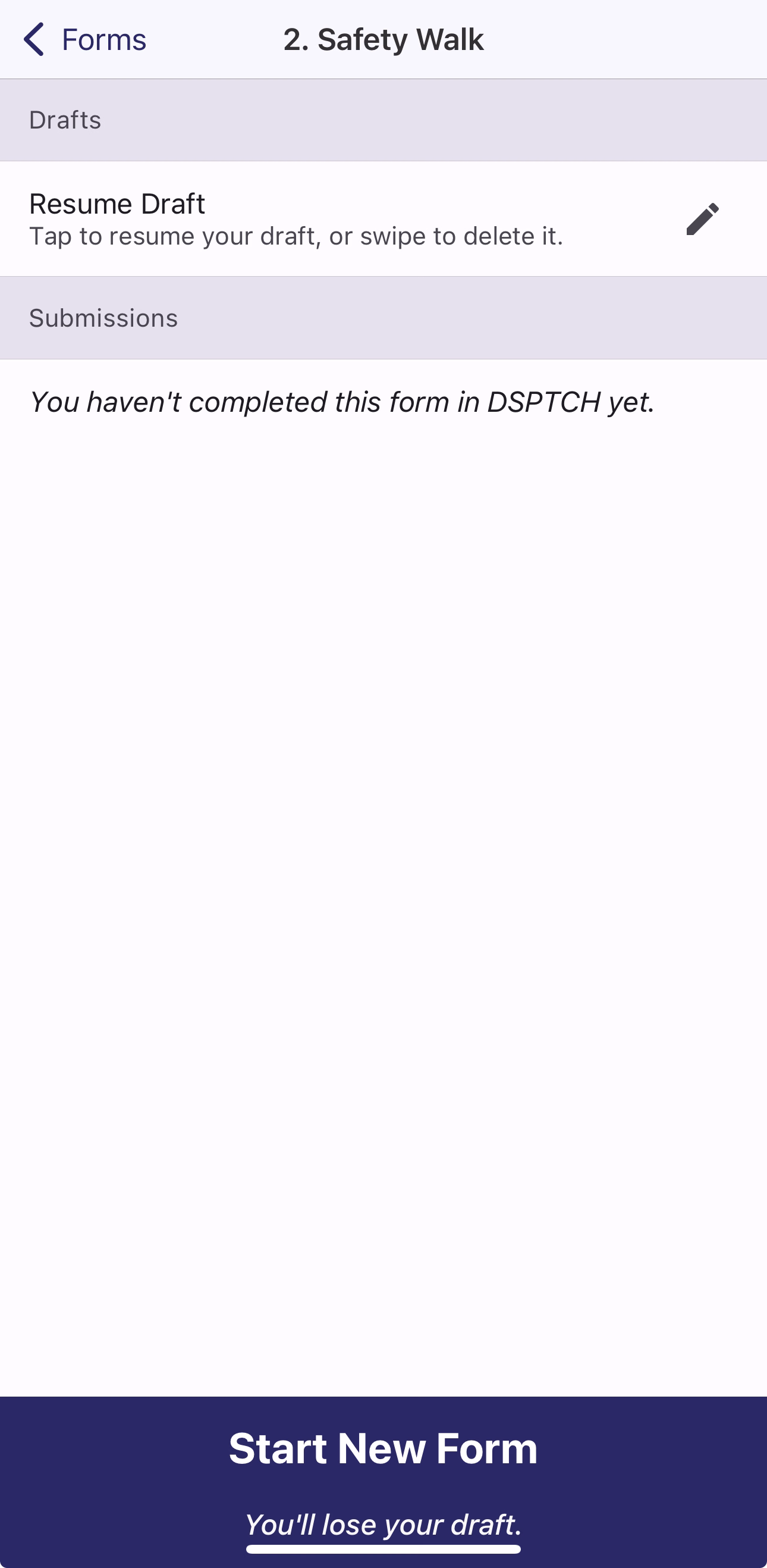 Form definition screen showing Resume Draft option with pencil icon