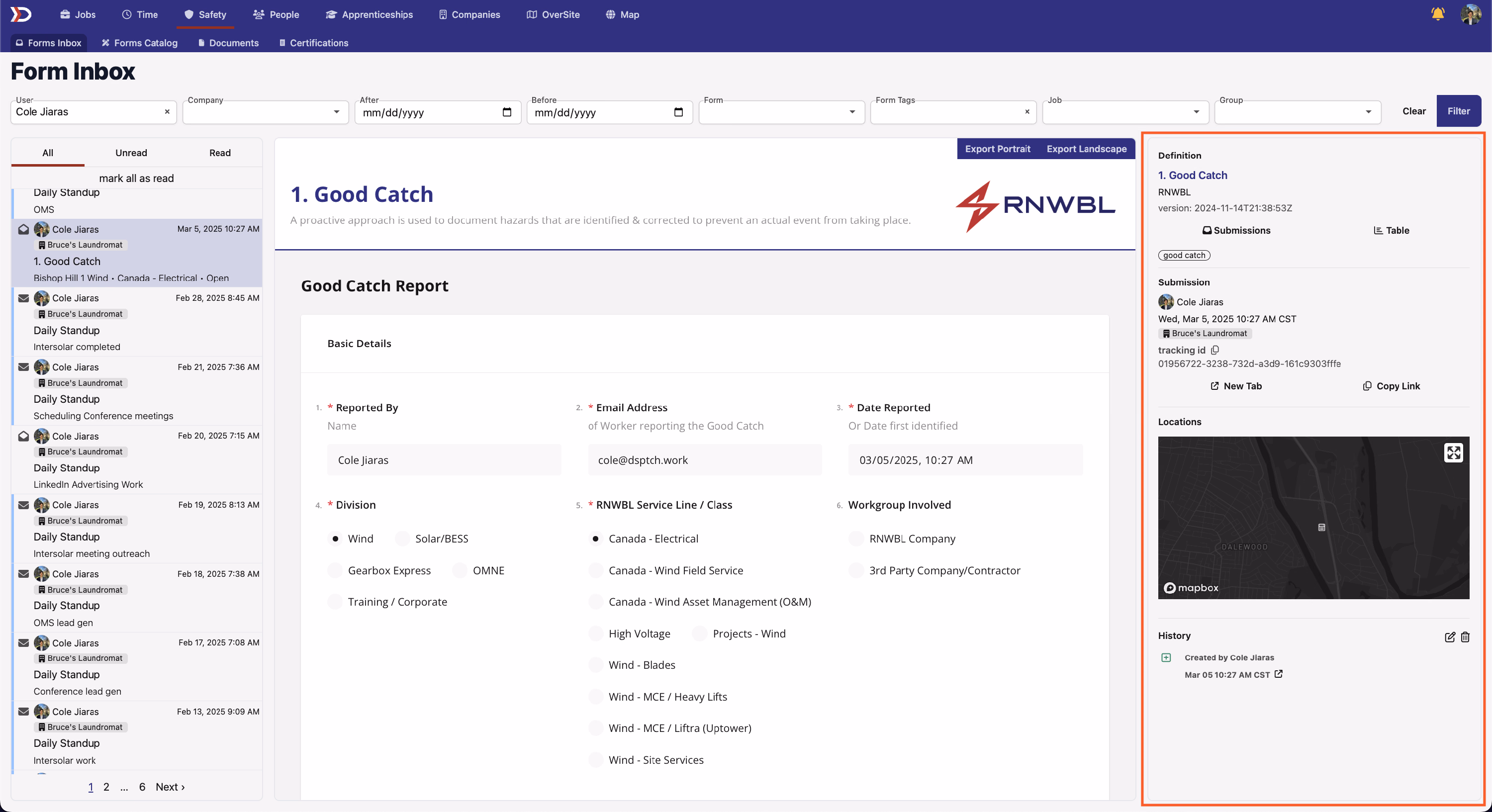 Form Inbox right-side dashboard with Definition, Submission, History, and Locations sections highlighted