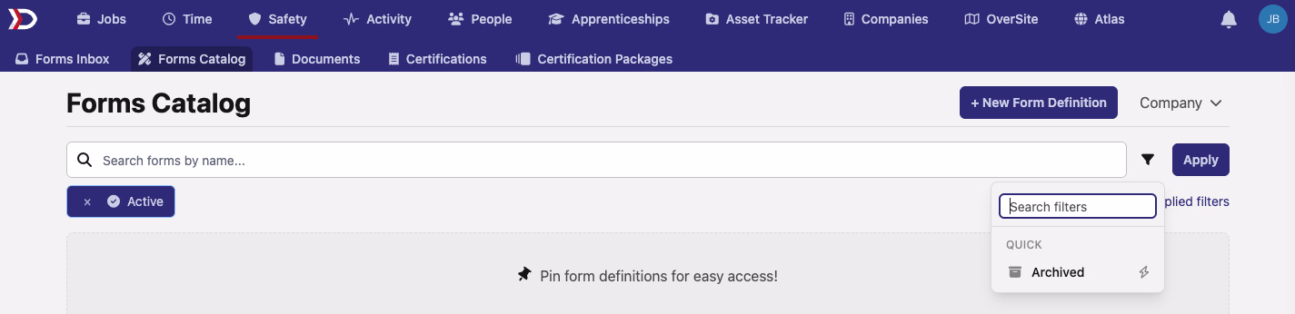 The Forms Catalog with an Active filter chip and an Archived option in the filter menu