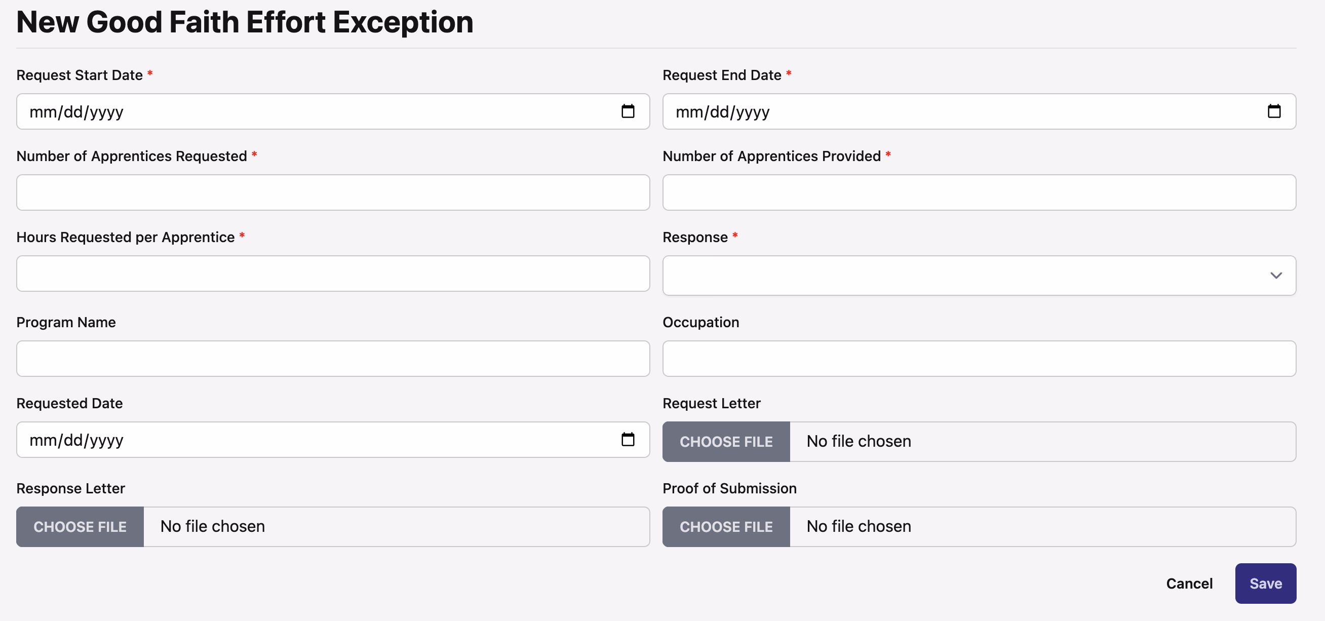 New Good Faith Effort Exception form with date range, apprentice counts, response, and document upload fields