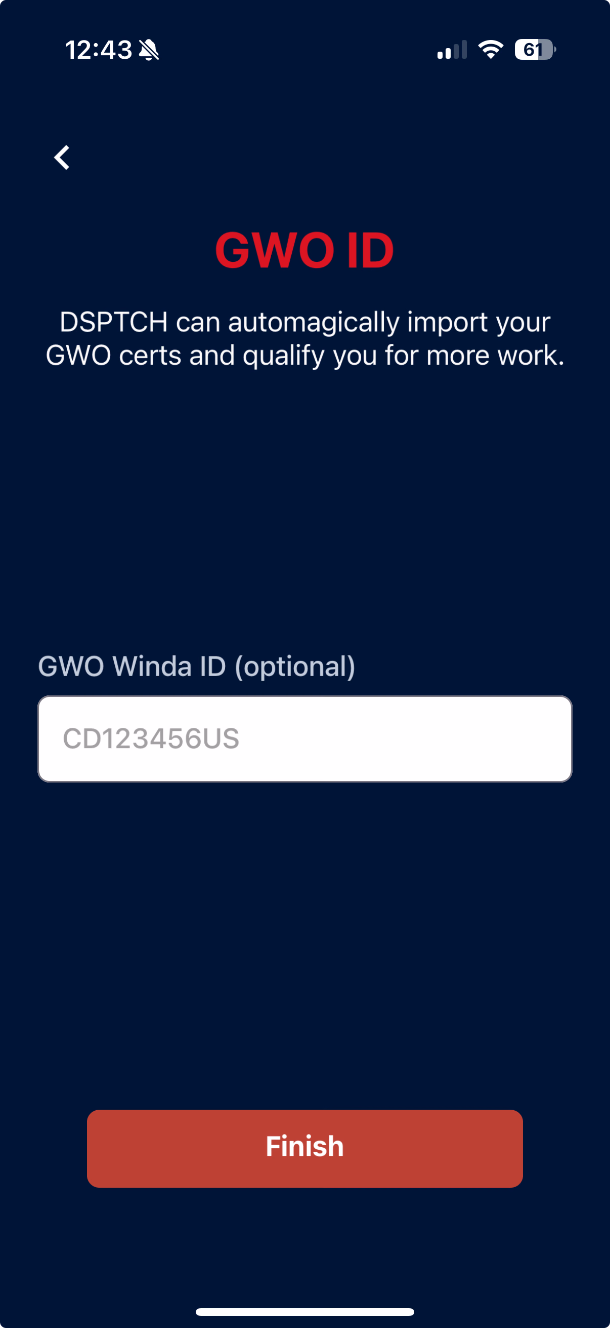 Optional GWO Winda ID entry page with the Finish button to complete account setup