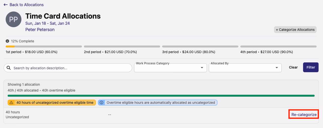 Time card allocation entry with Re-categorize button highlighted for uncategorized hours