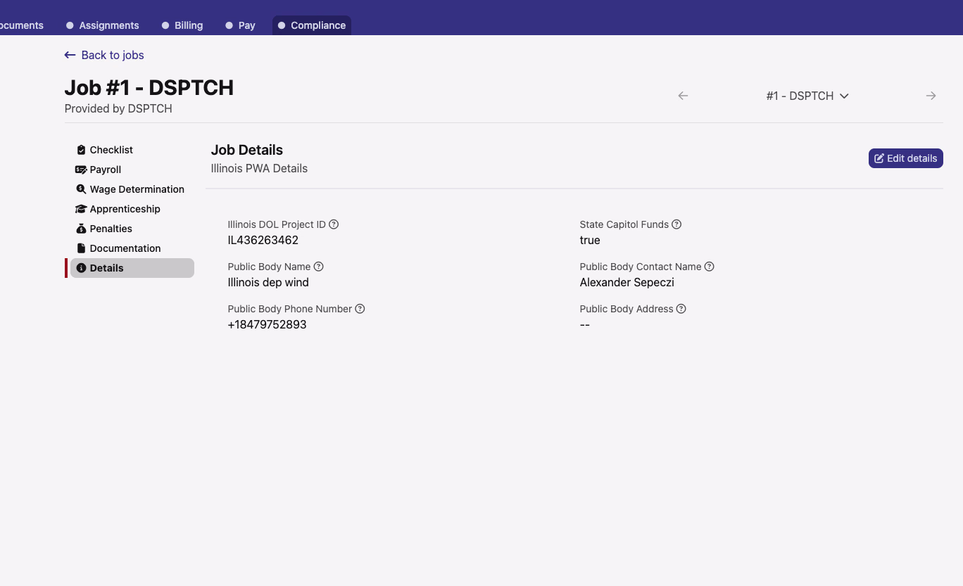 Job Details page with Illinois PWA Details section showing Illinois DOL Project ID, State Capitol Funds (true), Public Body Name, Public Body Contact Name, and Public Body Phone Number fields