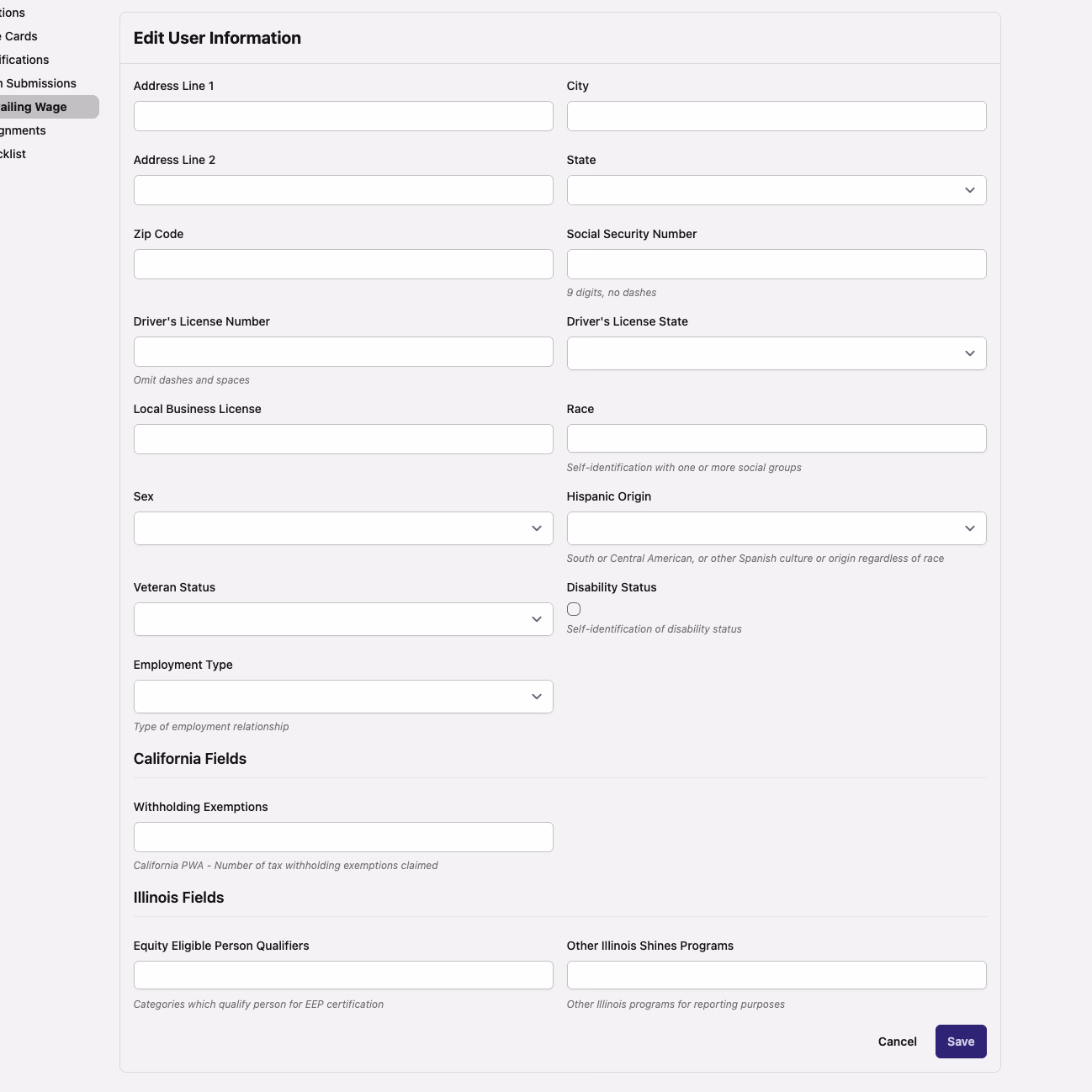 Edit User Information form with the new Illinois Fields section, plus an Employment Type dropdown and Disability Status checkbox in the generic section above