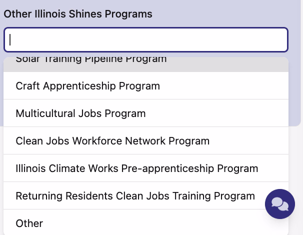 Other Illinois Shines Programs dropdown showing options including Solar Training Pipeline Program, Craft Apprenticeship Program, Multicultural Jobs Program, Clean Jobs Workforce Network Program, Illinois Climate Works Pre-apprenticeship Program, Returning Residents Clean Jobs Training Program, and Other