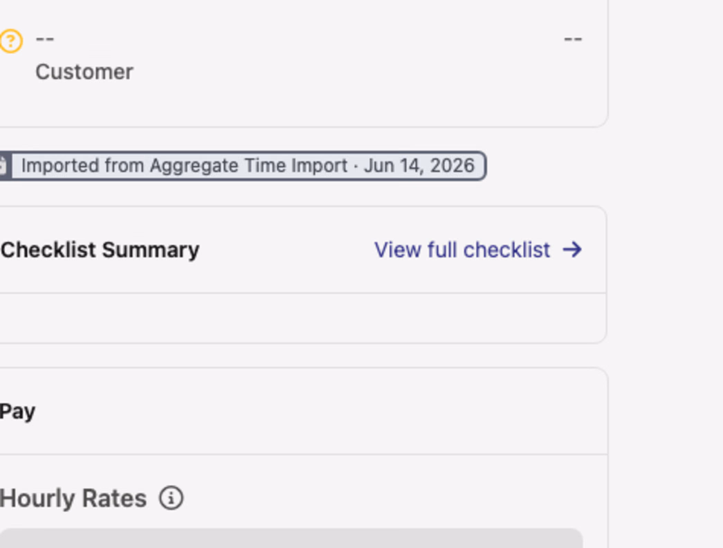 A time card sidebar showing an Imported from Aggregate Time Import badge with the import date