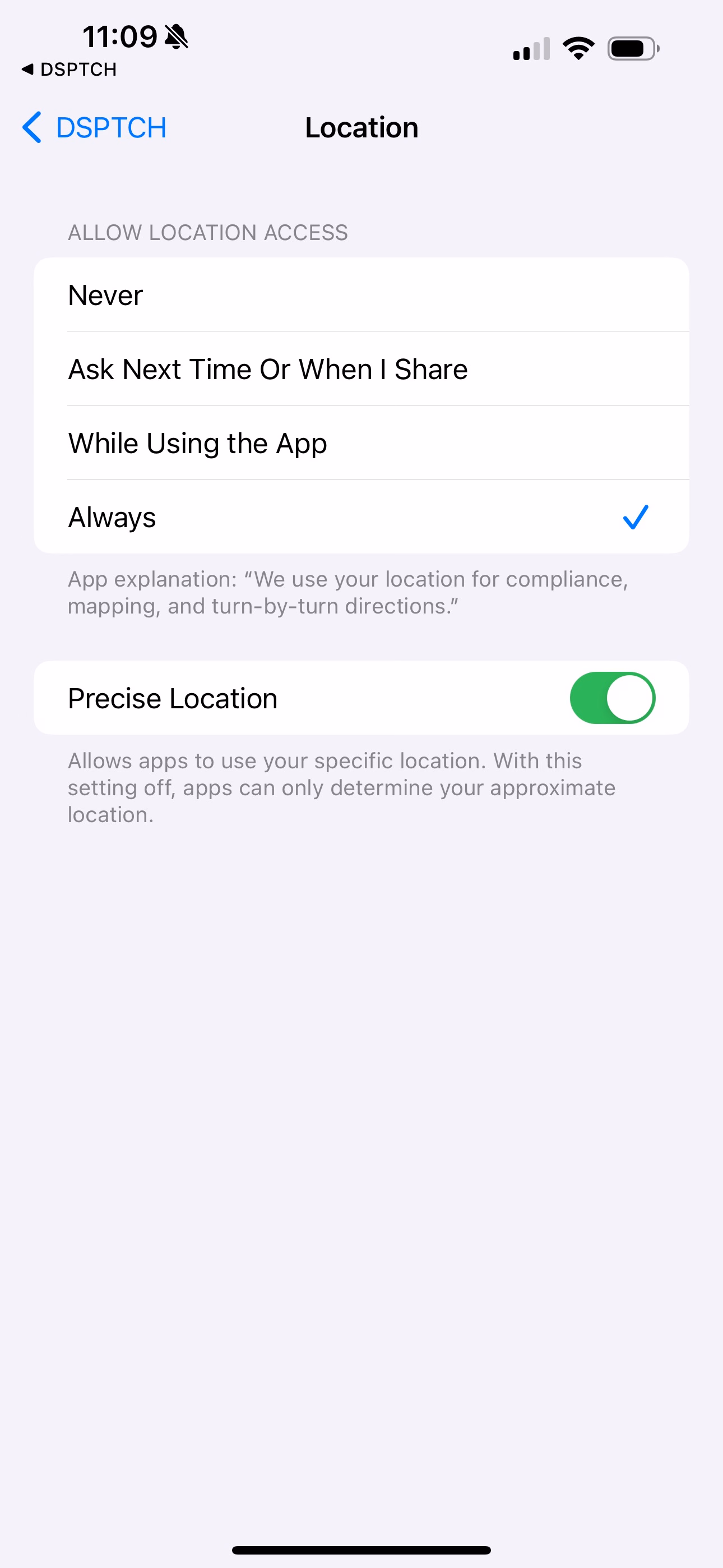 iPhone location settings screen for DSPTCH with Always permission selected and checkmark