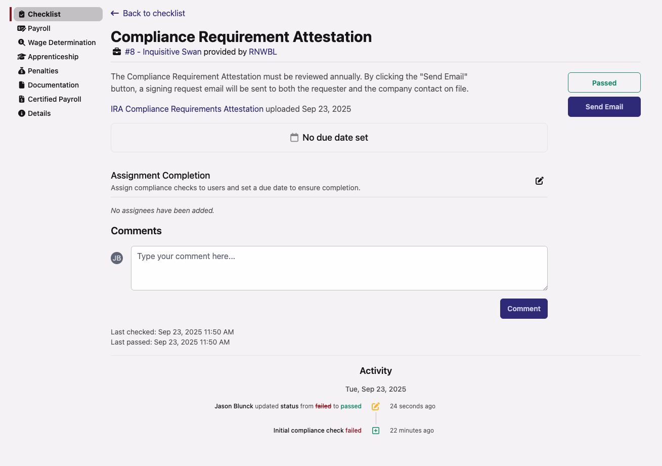 Compliance Requirement Attestation page for an IRA job, showing a Send Email button, Passed status badge, and an activity log of status changes