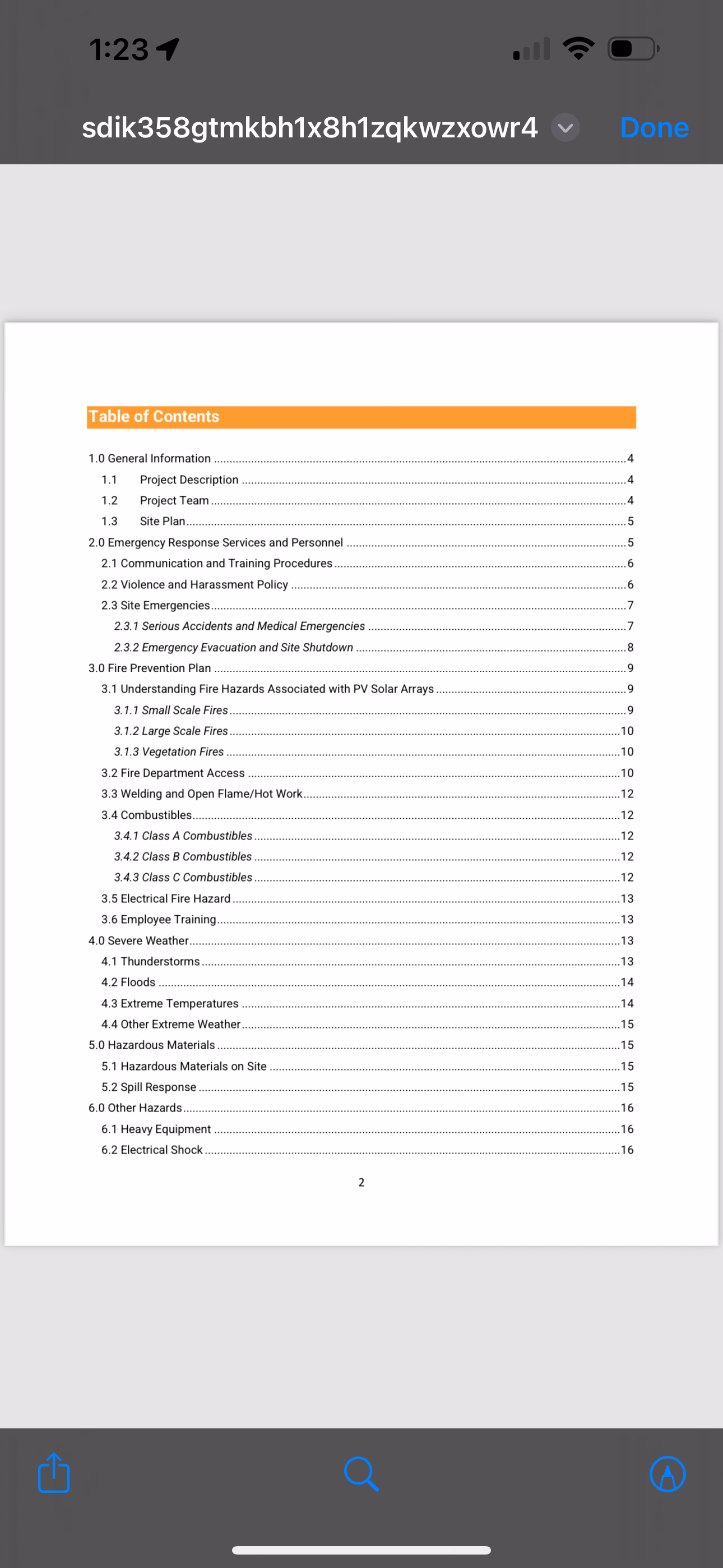 PDF document opened in the in-app DSPTCH document viewer with a table of contents
